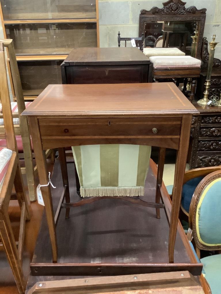 An Edwardian satinwood banded mahogany work table, width 51cm, depth 36cm, height 67cm